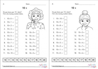 10 Plus Facts Worksheets