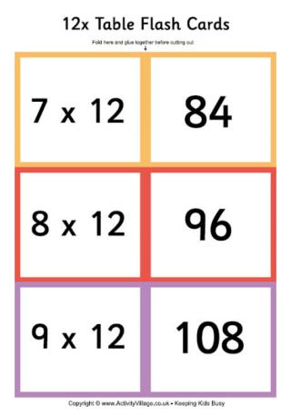 12 Times Table - Folding Flash Cards