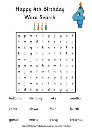 4th birthday word search