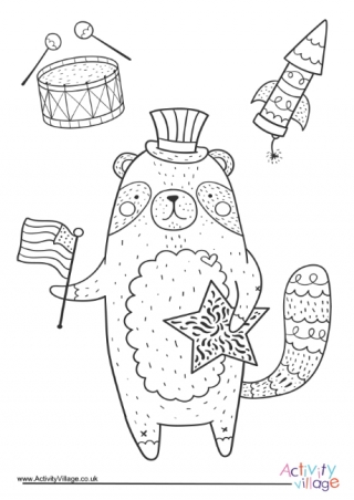 4th July Racoon Colouring Page