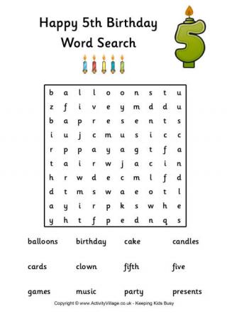 5th birthday word search