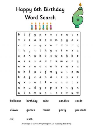 6th birthday word search