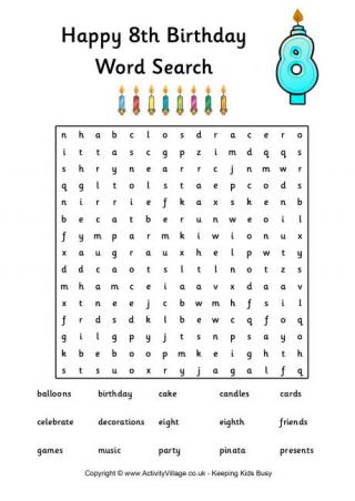 8th birthday word search