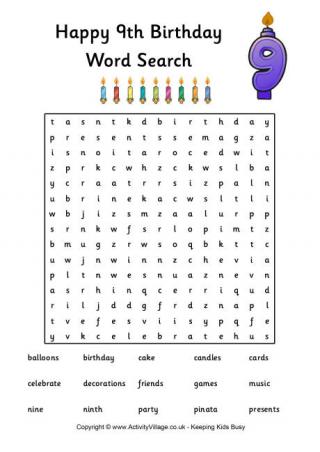 9th birthday word search