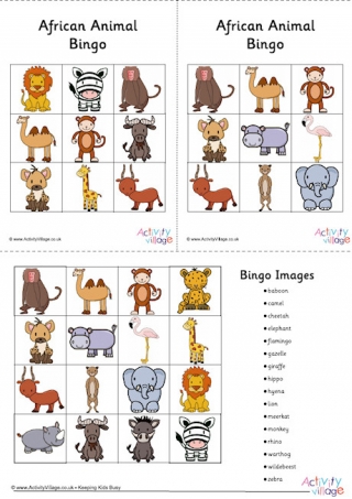 African Animal Bingo Cards