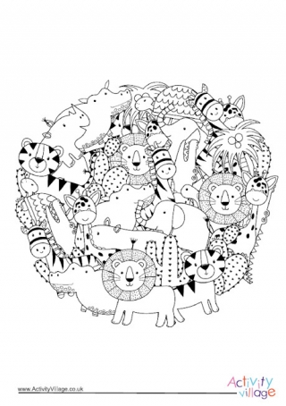 African Animals Circle Colouring Page