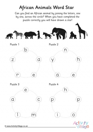 African Animals Word Star Puzzles