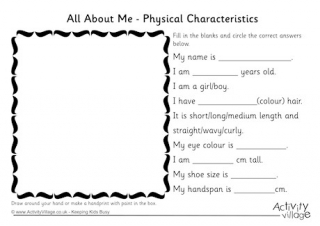 All About Me Physical Characteristics Worksheet