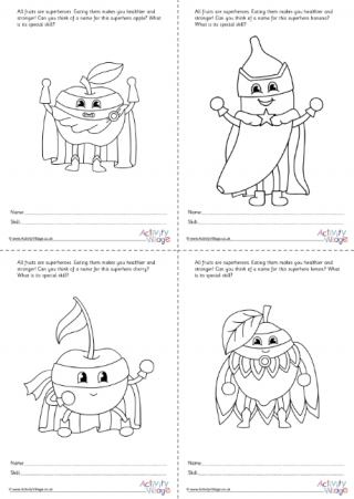 All fruit superhero colouring worksheets