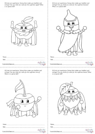 All fruit superhero colouring worksheets