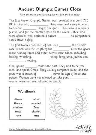 Ancient Olympics Cloze Worksheet