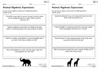 Animal Algebraic Expressions Worksheets 1