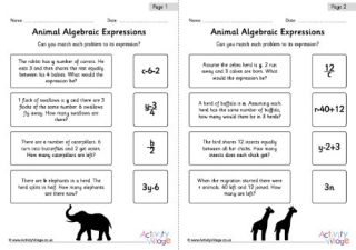 Animal Algebraic Expressions Worksheets 1 - Guided