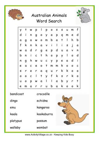 Australian Animals Word Search