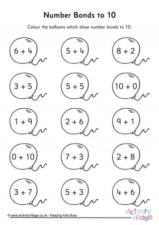 Balloon Number Bonds to 10 Worksheet