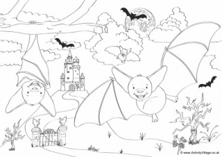 Bats Scene Colouring Page