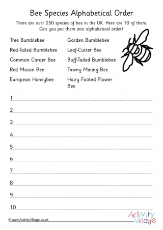 Bee Species Alphabetical Order Worksheet