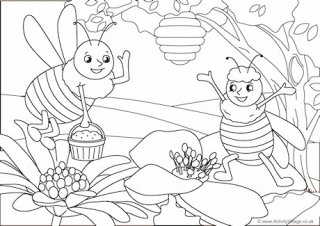 Bees Scene Colouring Page