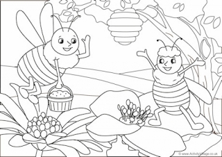 Bees Scene Colouring Page