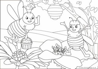 Bees Scene Colouring Page