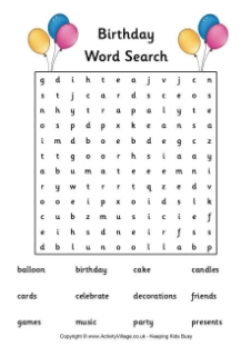Birthday Word Search Printables
