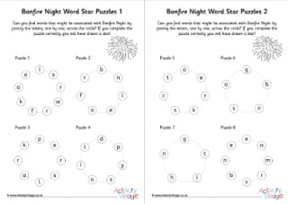 Bonfire Night Word Star Puzzles - 4 Per Page