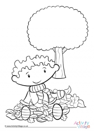 Boy Playing In Autumn Leaves Colouring Page
