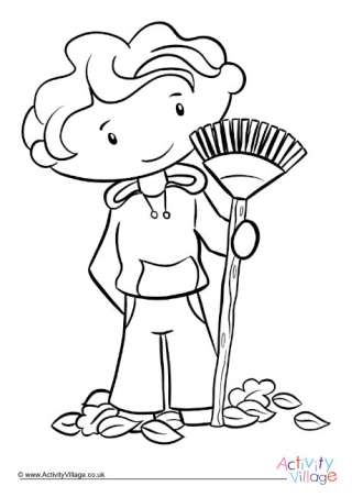 Boy Raking The Leaves Colouring Page