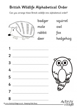 British Wildlife Alphabetical Order Worksheet 1