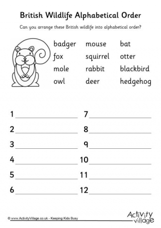 British Wildlife Alphabetical Order Worksheet 2