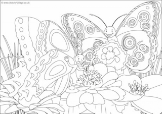 Butterflies scene colouring page