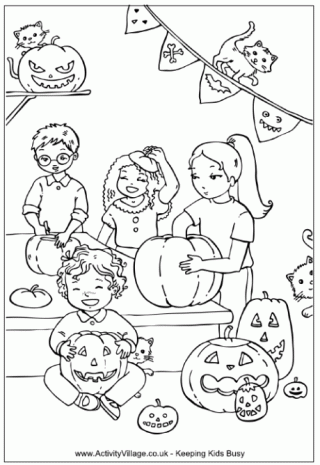 Carving Pumpkins Colouring Page