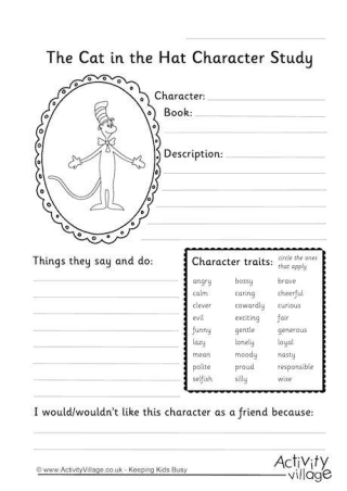 Cat In The Hat Character Study Worksheet