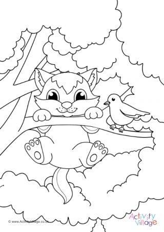 Cat in the Tree Colouring Page