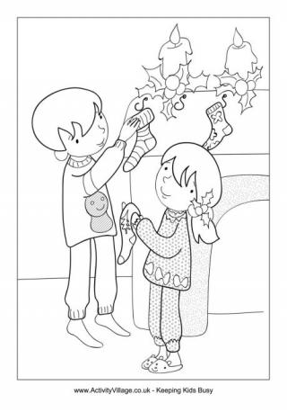 Children Hanging Up Stockings Colouring Page