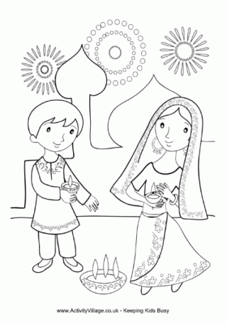 Children Lighting Diya Colouring Page