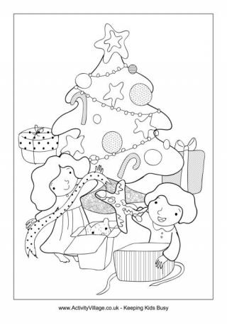 Children Opening Christmas Gifts Colouring Page