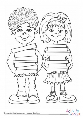 Children with Books Colouring Page