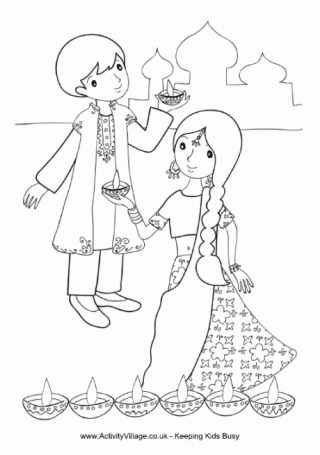 Children With Diya Colouring Page
