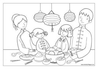 Chinese New Year Dinner Colouring Page