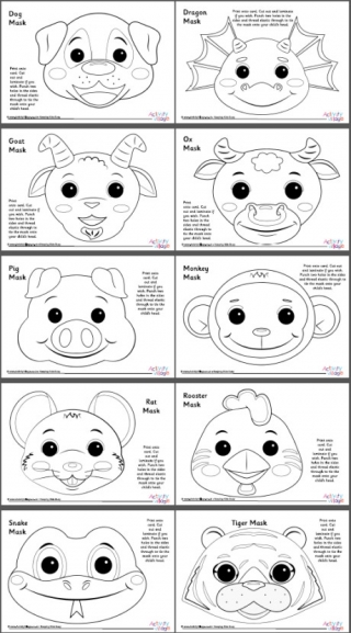 Chinese Zodiac Animal Masks - Set 2 - Black and White