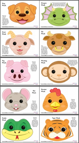 Chinese Zodiac Animal Masks - Set 2 - Colour