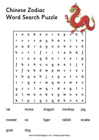 Chinese Zodiac Word Search Puzzle