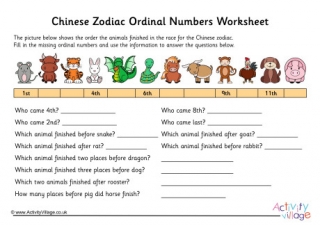 Chinese Zodiac Ordinal Numbers Worksheet 1