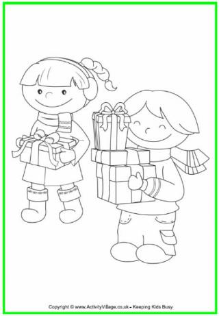 Children with Christmas Presents Colouring Page