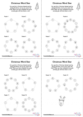 Christmas Word Star Puzzles 4 Per Page