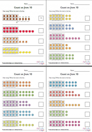 Count on from 10 Worksheets Set 1