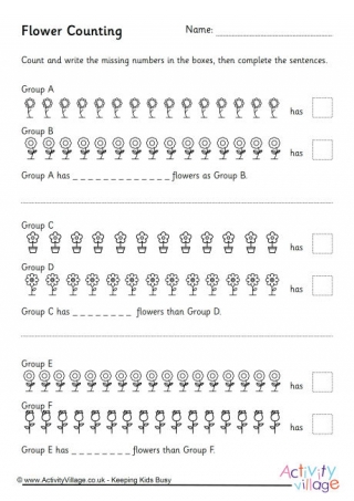 Counting and Comparing Flowers Worksheet
