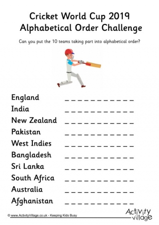 Cricket World Cup 2019 Alphabetical Order Challenge