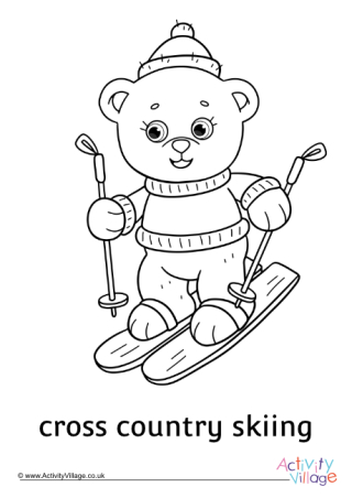 Cross Country Skiing Teddy Bear Colouring Page